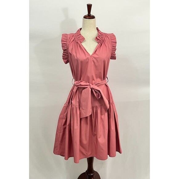 CHRISTY LYNN Sz XS Bardot Dusty Rose Pink Cap Sleeve Ruffle Belted Dress - Picture 2 of 11